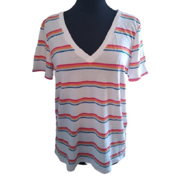 PINK Victoria's Secret Tops - Junior's PINK Victoria's Secret Striped V Neck Tee shirt, White Multi,  Small